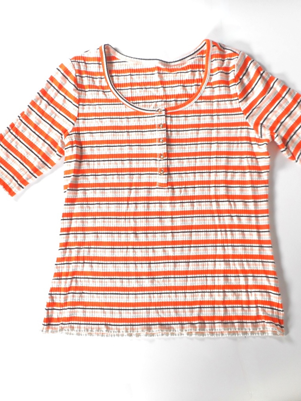 A.N.A. Orange White Stripe Henley Sz XL Textured Ribbed Knit Ruffle Black Mint